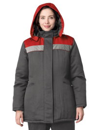 Куртка утепленная женская КНЕЙД ВЬЮГА СОП на замке удлиненная ткань ГЕРДА (КИТАЙ) 35хб/65пэ, пл. 210, т.сер/красн