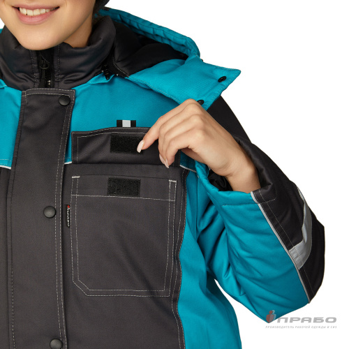 Куртка утепленная женская БРЕНД 35хб/65пэ, пл.200, темно-серый/бирюза, р.48-50/170-176