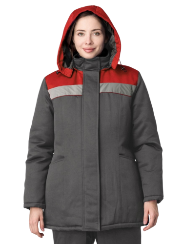 Куртка утепленная женская КНЕЙД ВЬЮГА СОП на замке удлиненная ткань ГЕРДА (КИТАЙ) 35хб/65пэ, пл. 210, т.сер/красн