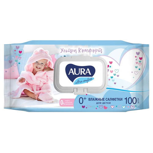 Салфетки влажные ДЕТСКИЕ AURA "ULTRA COMFORT",  с клапаном, 100шт