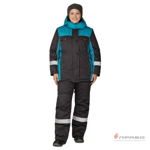 Куртка утепленная женская БРЕНД 35хб/65пэ, пл.200, темно-серый/бирюза, р.48-50/170-176