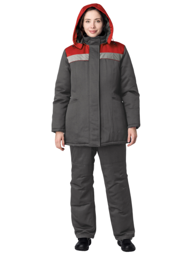 Куртка утепленная женская КНЕЙД ВЬЮГА СОП на замке удлиненная ткань ГЕРДА (КИТАЙ) 35хб/65пэ, пл. 210, т.сер/красн