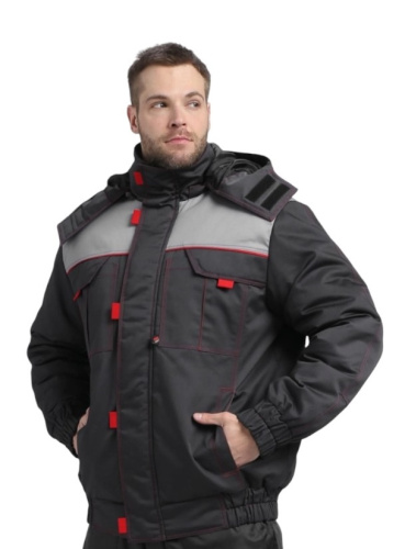 Куртка утепленная ФЛОФТ ФАВОРИТ ПРЕМИУМ короткая 35хб/65пэ, пл.240, темно-серый/серый/красный ТОЛЬКО 64-66/170-176